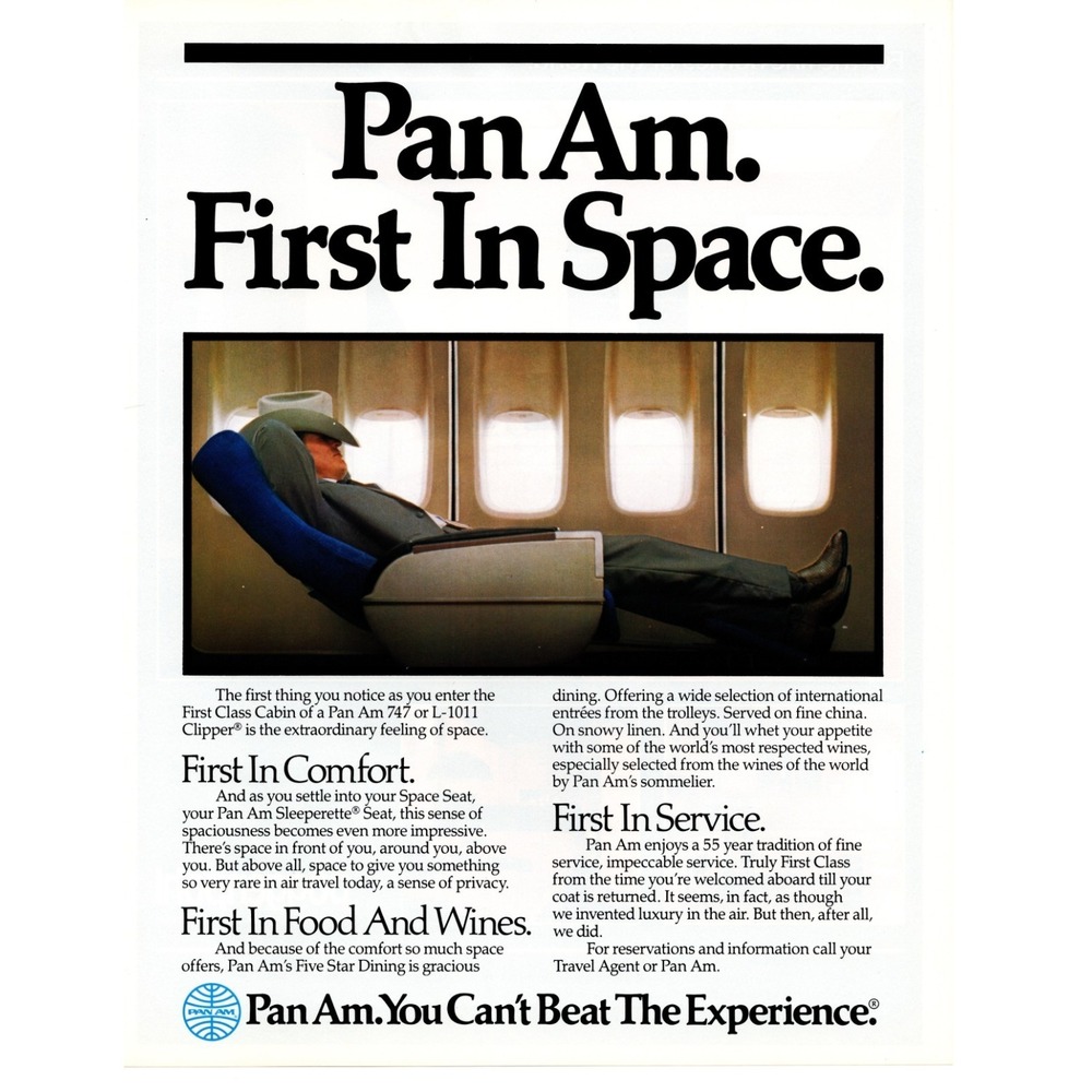 Pan Am 1984 Vintage Print Ad‎ First Class Sleeperette Seat 747 L-1011 Aviation